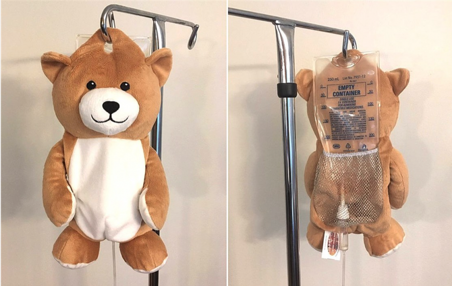 The Medi Teddy conceals a bag of medication to reduce anxiety during the hospital experience.