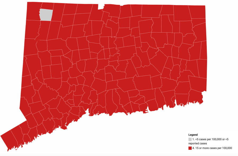 This map from the state of Connecticut shows the average daily rate of new cases of COVID-19 by town during the past two weeks. Red denotes 15 or more recorded cases per 100,000 people living in these community settings. The data was last updated on January 3, 2022.